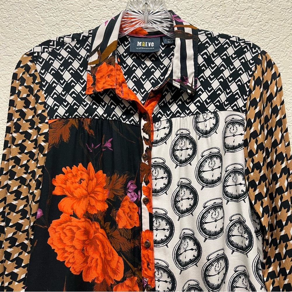 Maeve by Anthropologie The Paz Button Down Shirt Mix Print Novelty X-Small - Picture 6 of 11